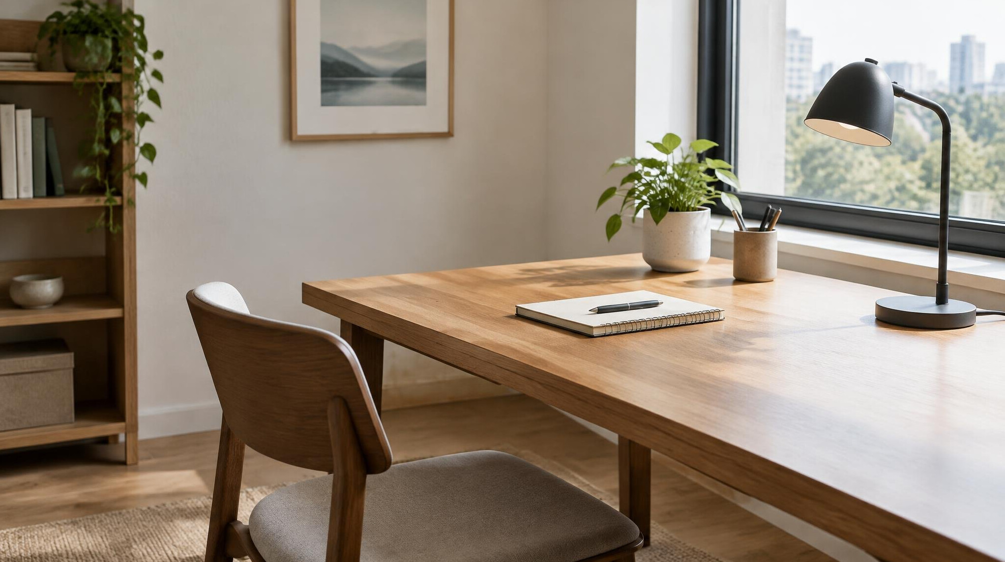 Quiet office workspace with desk, chair and daylight