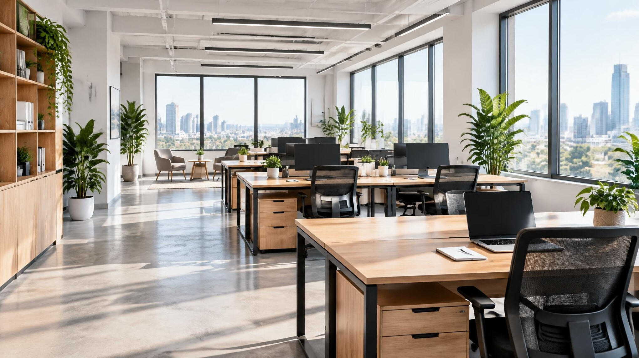 Bright open-plan office interior with desks and large windows