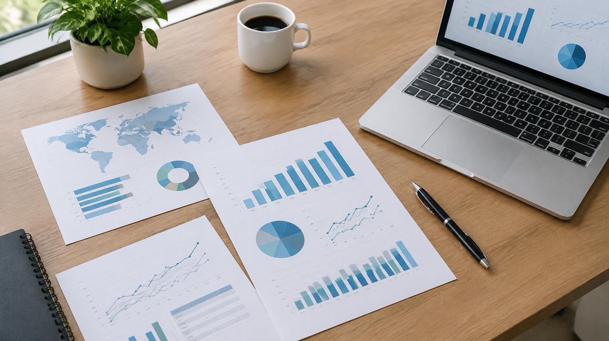 Documents, charts and a laptop on a desk
