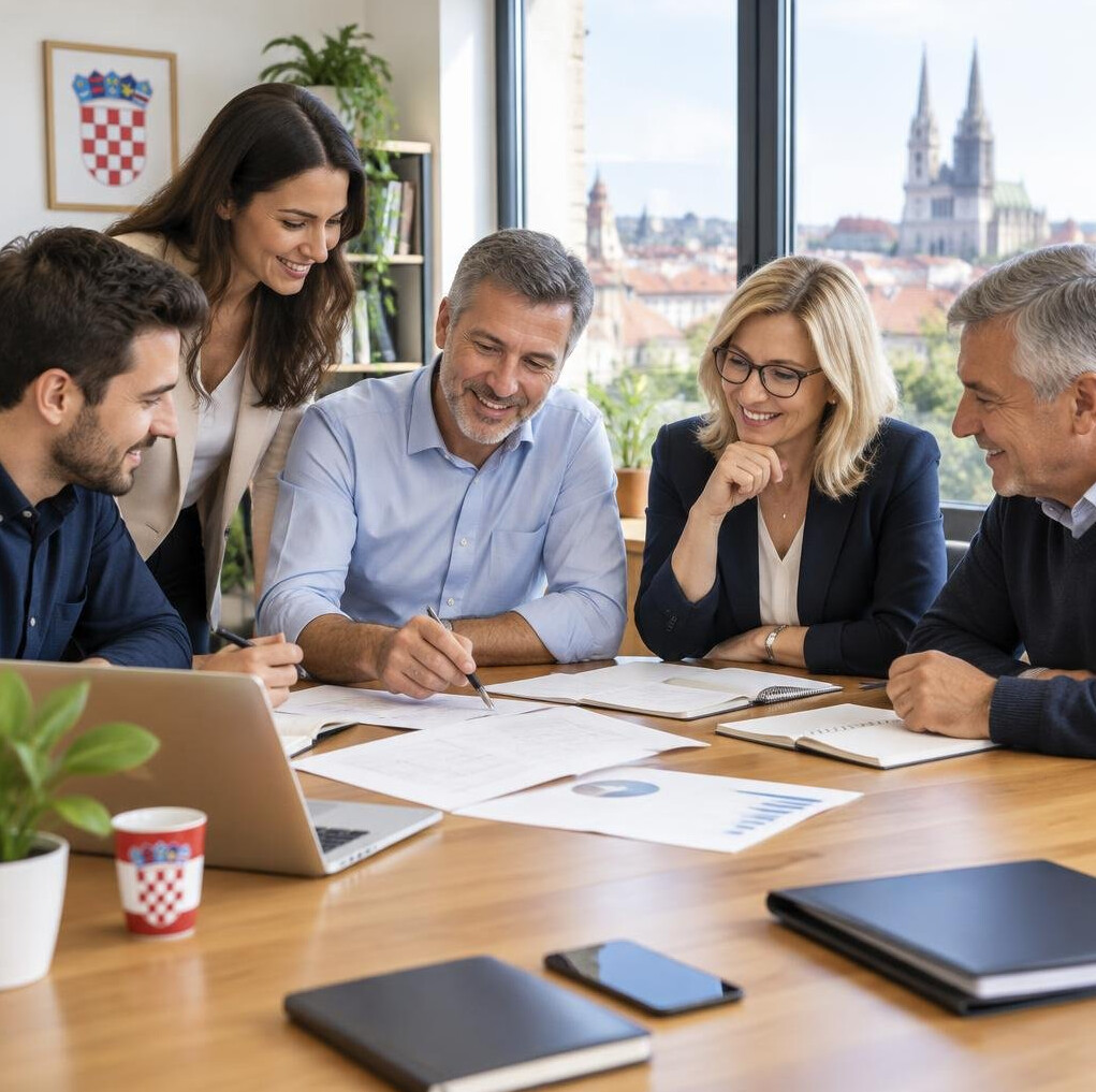 Diverse team of colleagues collaborating around a table in an office