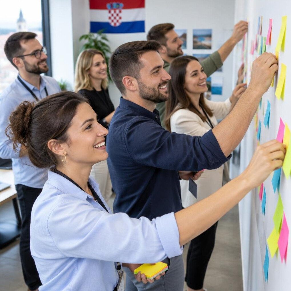 Participants of a workshop writing on sticky notes on a wall