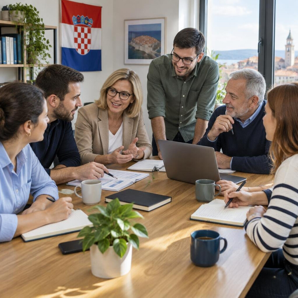 Team members in a meeting reviewing material around a table