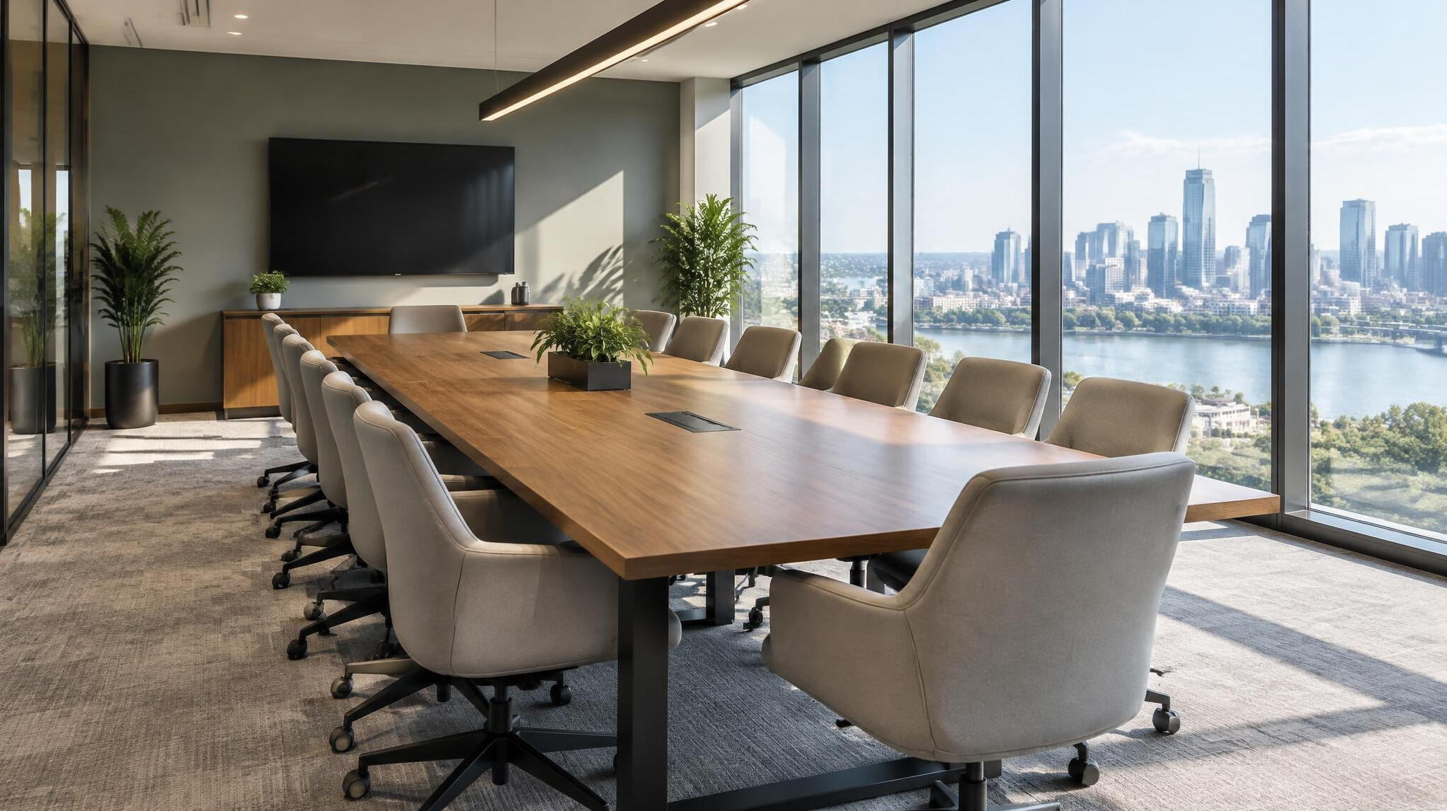 Modern meeting room with a long table and chairs